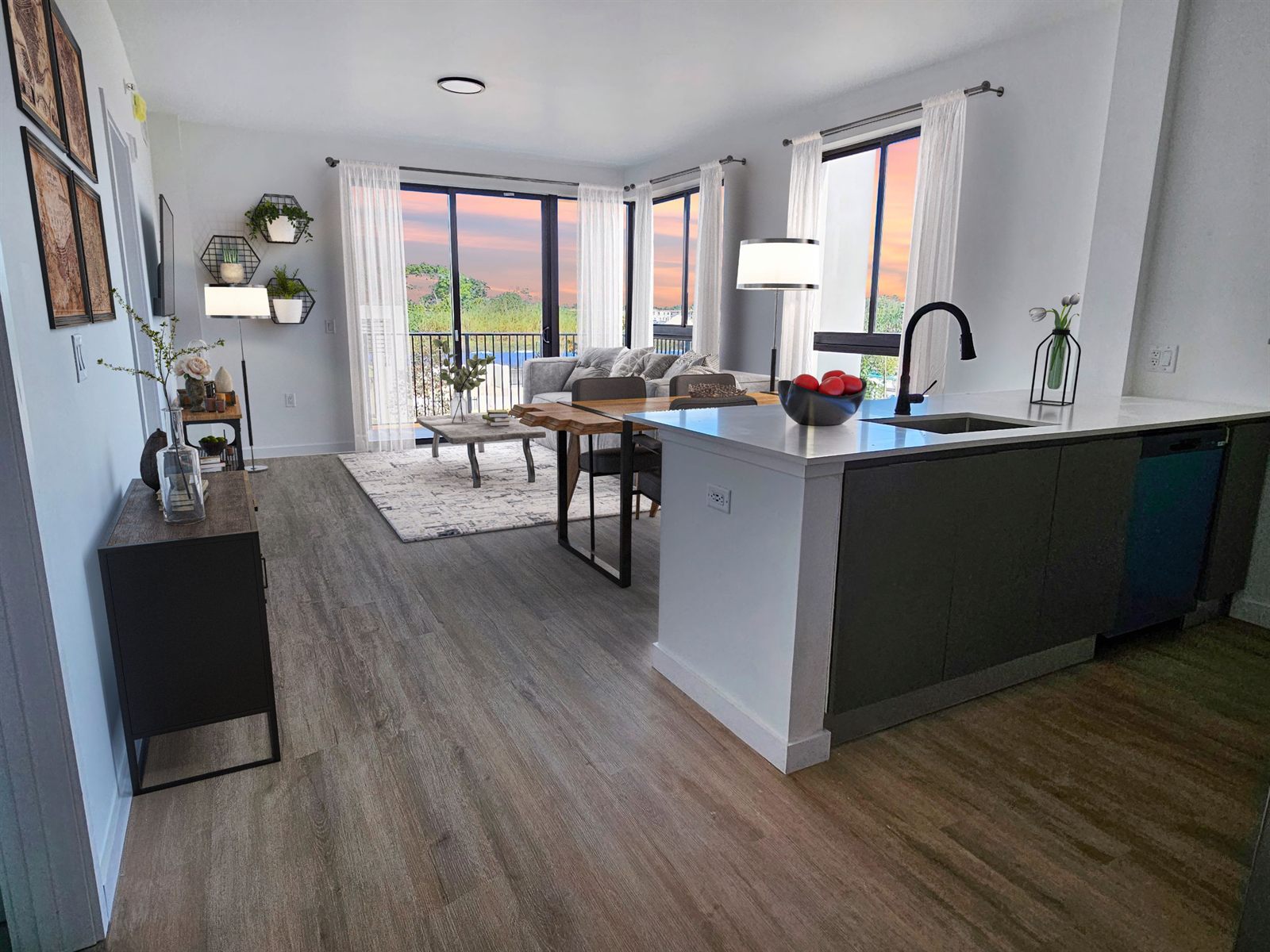 Kitchen with sunset view