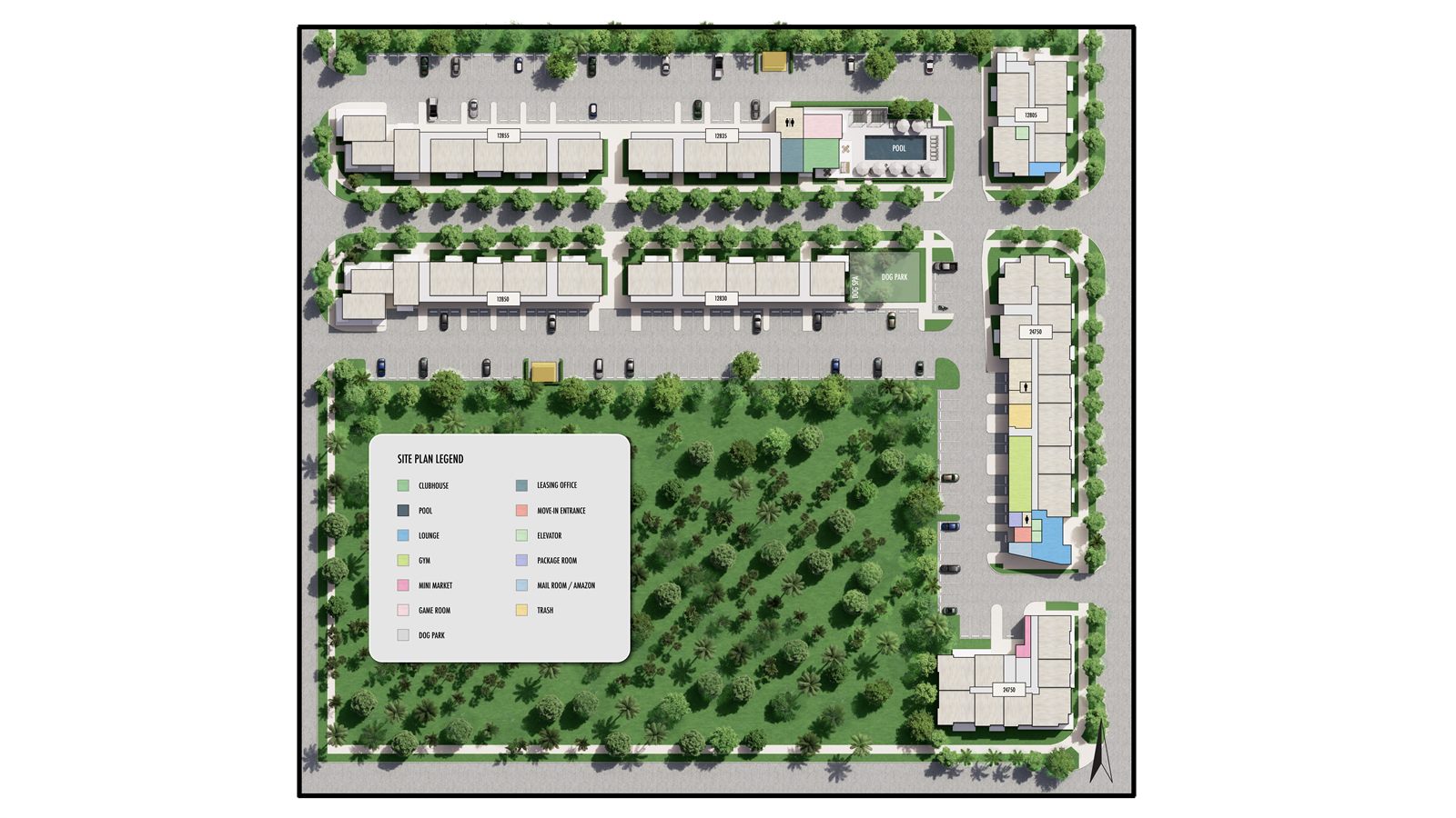 Casa Princeton site plan — Phase II layout showing residential blocks, courtyard, parking, and amenities